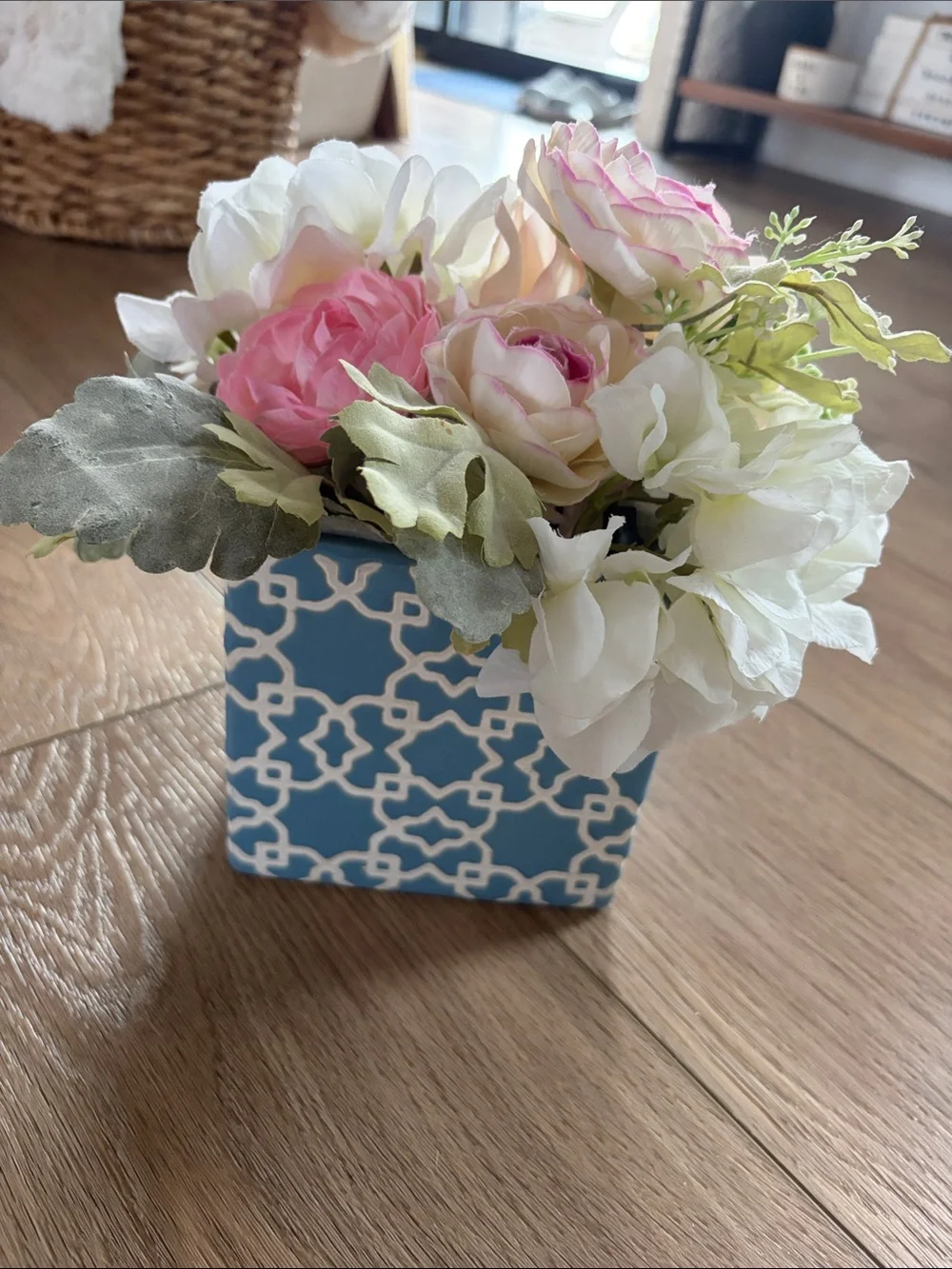 Pier 1 imports Floral Faux Arrangement in Blue Patterned Cube